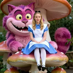 very young gwyneth paltrow, dressed as alice from alice in wonderland, sits on a giant iridescent mushroom, a huge cheshire cat's smiling face can bee seen behind her