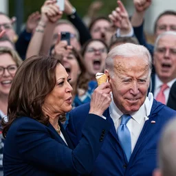 kamala harris shoving an ice cream cone into joe biden's ear surrounded by stunned onlookers pointing and laughing, photography, sigma f 3 0, highresolution