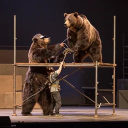 man bear rigging a stage on a scaffold, art by dima yastronaut