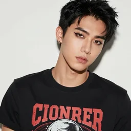 a photograph of an attractive male, black hair, graphic tee, eyeliner