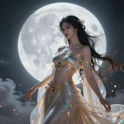 a beautiful female goddess of moon character, character is in all its glory, character is in her natural relaxed pose, rim lights, particles and dust in the air, fancy clouds, highly detailed professional photo, dynamic lights, particles are flying, depth of field, trending on artstation, illustration, hyper realistic, vray caustics, super detailed, colorful accents, cinematic shot
