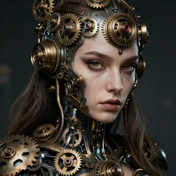 beautiful half human half steampunk cyborg portrait, steampunk, extremely detailed, lush, gears, pretty, cinematic lighting, epic, intense, long hair, brown eyes, cool,