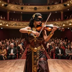 craig mullins and ghibli digital art of masked female violinist, she wears a strong exotic costumes, gold jewelry, black hair, inside the theater, many audience, solo performance on stage unreal engine, hyper realism, realistic shading, cinematic composition, realistic render, octane render, detailed textures, photorealistic, wide shot