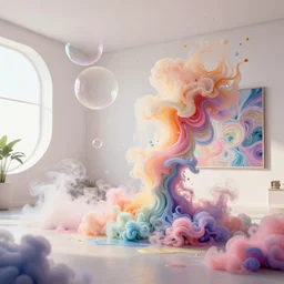 a modern indoor room full of insane detailed colorfull smoke, clean architecture, pictures in the wall, flying soap boubles pastel colored, intricate detailed 3 d render, hyper realistic intricate acrilic fluid art, intense colors, wide shot, octane render, concept art, daylight, peaceful, 8 k