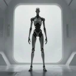 concept art by greg rutkowski, a very tall and slender cyborg, standing in front of a large rectangular looking space, high tech and futuristic white walled environment, unnatural lighting, uncanny atmosphere, frightening and creepy atmosphere, scifi, highly detailed portrait, digital painting, artstation, concept art, smooth, sharp foccus ilustration, artstation hq
