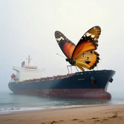 in the misty morning, a giant butterfly lands on a huge cargo ship stranded on the sand, by craig mullins