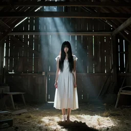james wan. composition : full shot. style : digital art ; studio lighting ; light rays ; mysterious ; 4 k. scenery : the inside of a barn. subject : a young woman with long black hair wearing a white dress. action : the woman is hidden by the darkness of the room.
