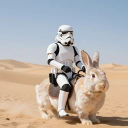 an imperial stormtrooper riding on a bunny in the desert