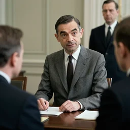 mr bean sitting at the nuremberg trials being charged for war crimes
