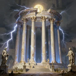 the holy castle of Zeus, electrified, lightning-based, with statues, hyperdetailed, artstation, cgsociety, by greg rutkowski, by Gustave Dore, Deviantart