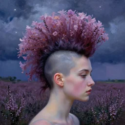 closeup, massive flower head mohawk, woman in heather field, surreal photography, starlight, storm clouds, impressionist painting, digital painting, artstation, simon stalenhag