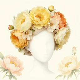beautiful hairpiece made of yellow, cream, light orange and ivory flowers, peonies, illustration by james jean and moebius, pastel colors,