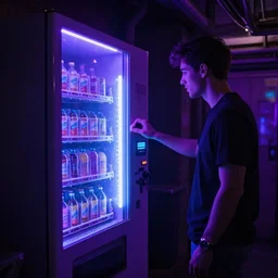 a vending machine dimly neon lighting a dark alley, by greg rutkowski and gaston bussiere, vibrant purple and blue neon lighting, beautiful volumetric - lighting - style atmosphere, futuristic atmosphere, intricate, detailed, photorealistic imagery