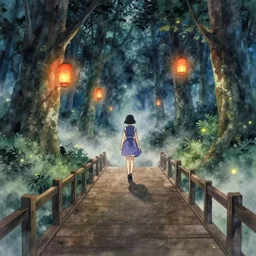 anime, incredible wide screenshot, ultrawide, watercolor, rough paper texture, ghost in the shell movie scene, girl in a dress walking through the beautiful forest, lanterns, wood bridges, night outdoors, fireflies!!!, fog, dust