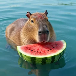 a capybara floating in the oceon resting its head on a watermelon cut in half, octane render, trending on artstation, greg rutkowski very coherent symmetrical artwork. cinematic, hyper realism, high detail, octane render, 8 k