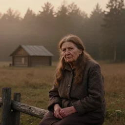 medium shot portrait bust of old woman sitting on fence, tired expression, faded color film, russian cinema, tarkovsky, technicolor, heavy forest, wood cabin in distance, shallow depth of field, long brown hair, old clothing, heavy fog, brown color palette, sunset, low light, hudson river school, 4 k, dramatic lighting