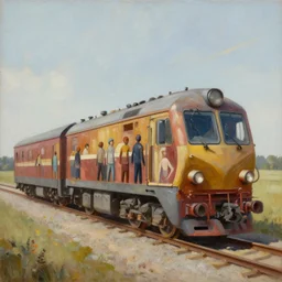 oil painting of a train made out of human bodies