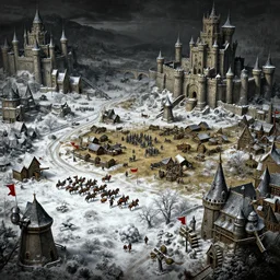 RTS gameplay third person in style of Hieronymus Bosch paintings, painting,   Stronghold strategy gameplay, high detailed,dark fantasy, dark tones, medieval, snow, buildings, castle, armored units, red flags, cavalry,RPG, high detailed, contrast, octane render,mill, farm, creative