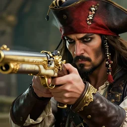 closeup photorealistic fantasy digital art of a an elegant wealthy pirate firing an ornate elaborate pistol made of ivory and gold.