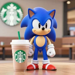 Sonic having a cup of tea at starbucks. Beautiful composition, 3d render trending on artstation, medium shot, indoor smooth light