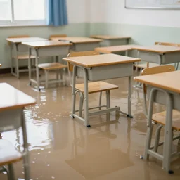 photo of an empty classroom, the floor is flooded with one meter deep water