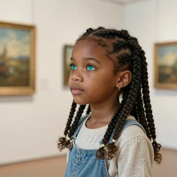 stunning portrait of one cute little african girl with a beautiful braid and dreamy teal eyes, looks onto the paintings in a gallery room, highly detailed clothings and ornaments, smooth, well focused, volumetric soft lighting, artstation HD, 8K