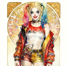 a realistic watercolor portrait illustration by alphons mucha of a russian girl as harley quinn highly detailed anime eyes wearing streetwear clown suit lots of zippers, pockets, synthetic materials, jumpsuits by issey miyake and balenciaga 8 k