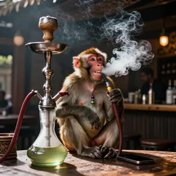 Monkey happily smoking on a shisha pipe at a shisha bar, iPhone photo