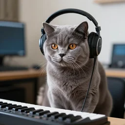 a grey brittish shorthair cat music producer wearing headphones with a keyboard. animal photography