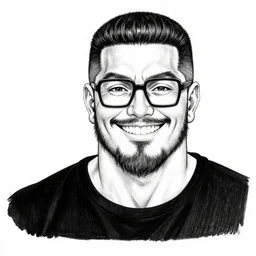 detailed ink line drawing of a buff smiling man with long stubble, muscular neck, rectangular square shaped glasses and a black bowl cut, wearing a black tshirt, b & w clean shaped illustration by kim jung gi, ric estrada, ron english and eiichiro oda