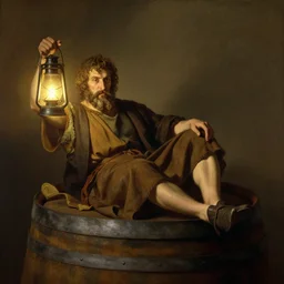 within wine cask barrel Portrait Portrait of Diogenes of Sinope the Cynic Sage donning hobo costume whilst brandishing lantern lanthorn whilst laying in an enormous wine barrel theodore gericault winslow homer donato giancola john william waterhouse maxfield parrish mikhail vrubel arkhip kuindzhi astri lohne