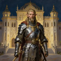 extreme fine detail back ground, palace, night, elf warrior, highly detailed, high quality, digital painting, hyperrealistic, by aron demetz, gaston bussiere, craig mullins, alphonse mucha j. c. leyendecker