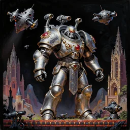 grotesque horrific stylistic vray 3 d render of sidescrolling shooter robotech warhammer, silver ornate armor warrior, macross spaceship with lots of tiny guns, mountains and giant gothic abbeys, hyperrealism, fine detail, 8 k, artsation contest winner, cgsociety, fantasy art, cryengine, brush strokes, oil, canvas, gaudy colors on black background by mandy jurgens and michael whelan