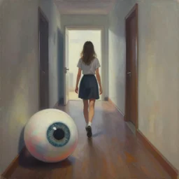 a painting of a girl walking in a hallway and suddenly finds a giant eyeball on the floor blocking her way, artstation