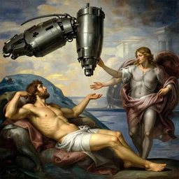 The Machine reaching down to man in the style of The Creation of Adam 8k digital art