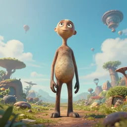 A tall humanoid creature radiating curiosity, caring, and joy, exploring and looking around in an alternate universe, wide angle, vertical orientation