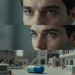 beautiful three point perspective film still of neo blue pill scene in matrix, extreme closeup portrait in style of frontiers in miniature porcelain photography fashion architectural art studio seinen manga edition, miniature porcelain portrait, eye contact, tilt shift style scene background, soft lighting, kodak portra 4 0 0, 8 k, macro, cinematic style by a wachowski