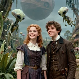 detailed, sharp, a girl and a boy standing next to some alien plants, looking happy, wearing 1850s era clothes, their small pet alien creature is hovering nearby, in a park on an alien planet, steampunk, extremely highly detailed, hyperrealistic, in focus faces, detailed faces, 70 mm still from a period sci fi movie, 8k, HD