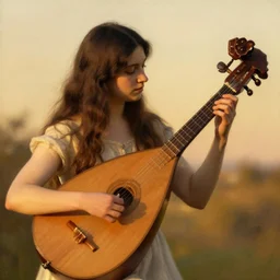 Stern English Woman playing the lute. Slender neck. Master Lutist. Long dark hair.  Art by William-Adolphe Bouguereau. During golden hour. Extremely detailed. Beautiful. 4K. Award winning.