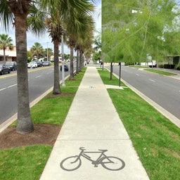 satellite photo of sidewalk, palm trees, bicycles straight lines, accessible for the disabled, by professional photographer, 8 k resolution, photo, high quality