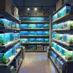 interior photography of low contrast unassuming mild pleasant pleasing two - point - perspective anime background clean neat clarity professional visual development set design, tiny cozy store with many orderly shelves of bright fish aquariums, neat rows of sparse terrariums, dim painterly lighting volumetric aquatics, impasto, trending on pixiv