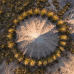 aerial directly overhead close up shot of a badlands patch of ground surrounded by tuft grass in golden hour lighting