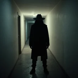 paranormal photo of a shadow people hatman in a corridor