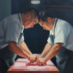 low angle view of a butcher working, artwork medium shot, asymmetrical, profile picture, organic painting, night time, matte painting, bold shapes, hard edges, street art, trending on artstation, by huang guangjian and gil elvgren and sachin teng, from below, worms - eye - view, close - up!!!!!