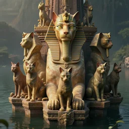 hyperrealistic dslr film still of floating temple in the middle of a lake devoted to sphinx cats, stunning 8 k octane comprehensive 3 d render, inspired by istvan sandorfi & greg rutkowski & unreal engine, perfect facial symmetry, dim volumetric cinematic lighting, extremely hyper - detailed, incredibly real lifelike attributes & flesh texture, intricate, masterpiece, artstation, stunning