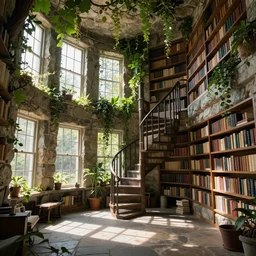 intimate detailed stone room, full of windows streaming sunlight, spiralling staircase and shelves full of books, over grown vegetation falls from the ceiling, strong shadows, full colour, hyper realistic photo, unreal engine, upscale, 8 k, masterpiece,