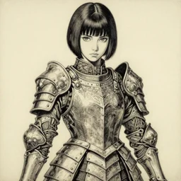 girl wearing retro clothing, intricate armor design, shigenori soejima illustration, heavy lineart, oil on canvas