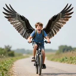 young boy with giant wings screaming, a magpie riding a bike, bold natural colors, national geographic photography, masterpiece, 8 k, raw, unedited, symmetrical balance