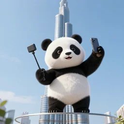 A cute Panda taking a selfie on top of Burj Khalifa, hyperrealistic, highly detailed, depth of field, High definition, 8k,  octane render, artstation