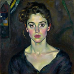 Juliette Binoche in a bahay kubo, portrait, oil on canvas, by Egon Schiele